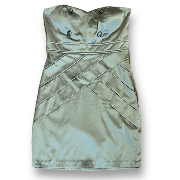 Rhapsody NWT Womens Olive Green Body-Con Strapless Military Mini Satin Dress S/P - Picture 4 of 11